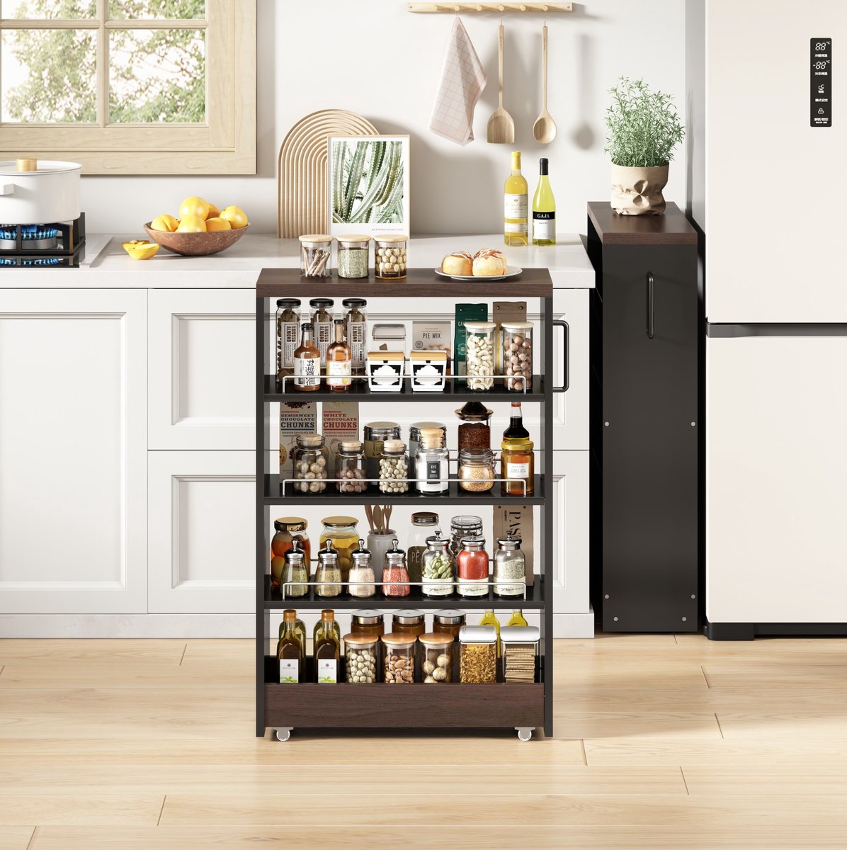 REDOM - Smalle opbergwagen op wielen - 4 verstelbare planken - Open opbergkast - MDF - Zwart - Bruin - 55 x 12 x 85 cm - Keuken en badkamer