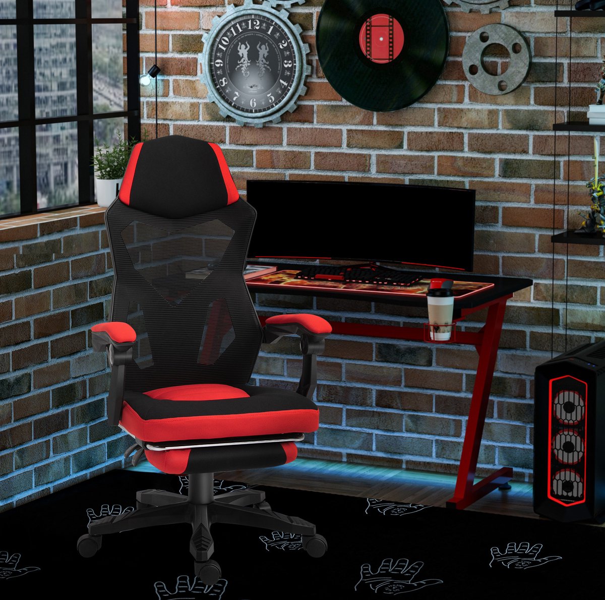 COVREO Gamingstoel 58 x 63 x 112-122 cm zwart rood, mesh met voetsteun