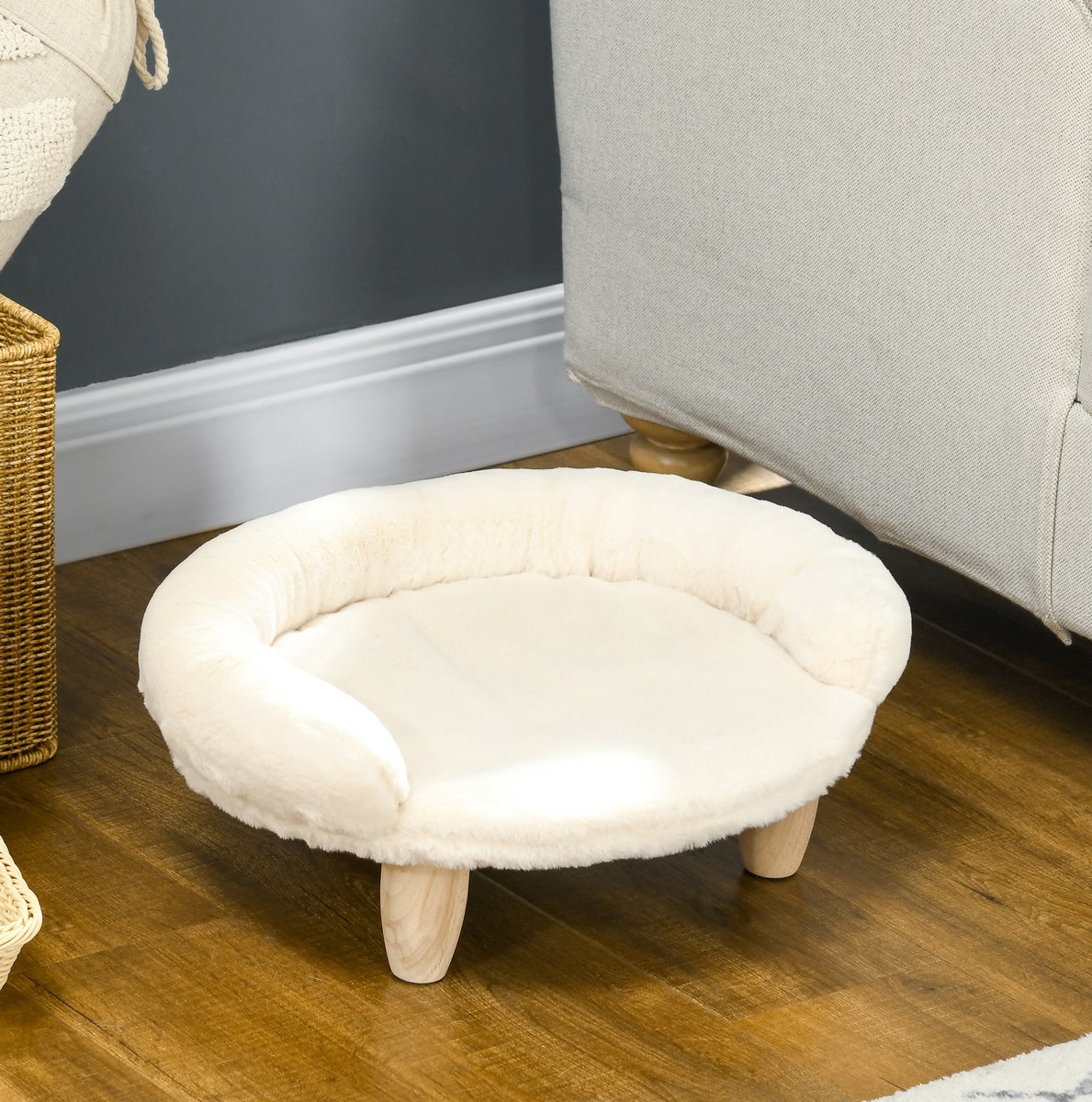 COVREO Dierenbank 47 x 40 x 20 cm creme, hout voor hond en kat met afneembare hoes