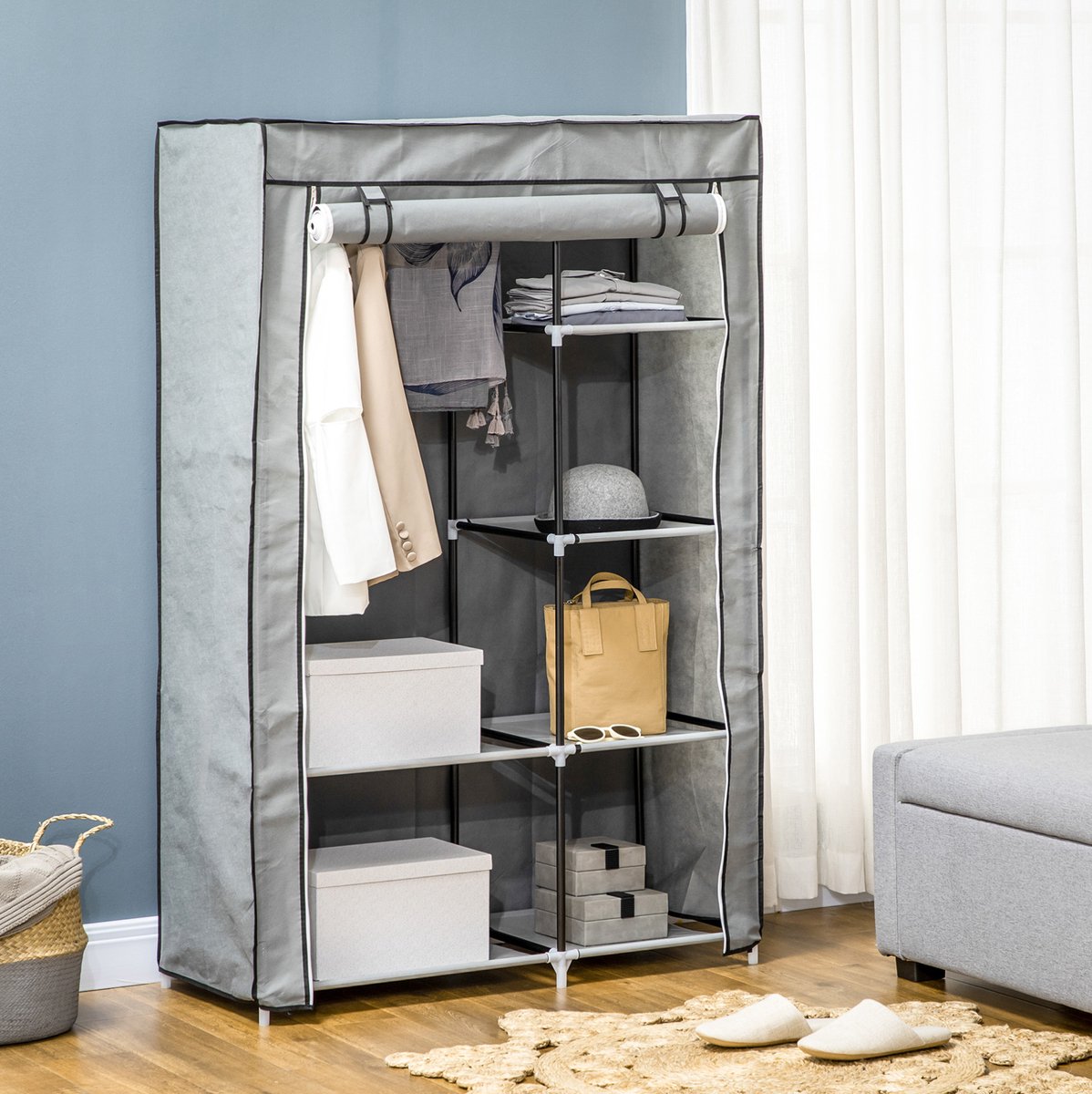 COVREO Kledingkast 103 x 43 x 162,5 cm grijs, stof met 1 kledingstang