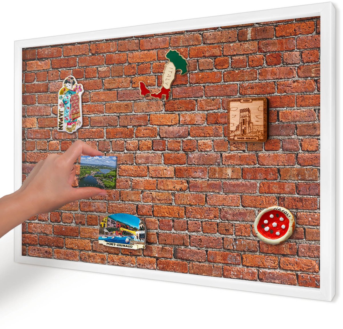 Artprintcave Bruin Magneetbord mit Witte Lijst - 60x40 cm - Baksteenmotief Notitiebord - Industrieel/Loft Memobord Keuken - Texturen