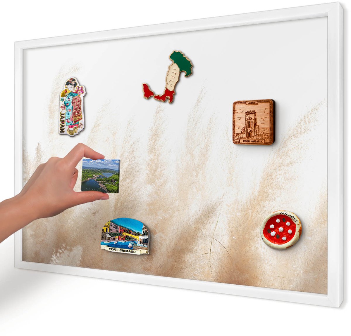 Artprintcave Beige Magneetbord mit Witte Lijst - 60x40 cm - Essentiële Grassen Magnetisch Bord Voor Magneten - Minimalist Magneet Bord mit Frame - Bloemen En Planten