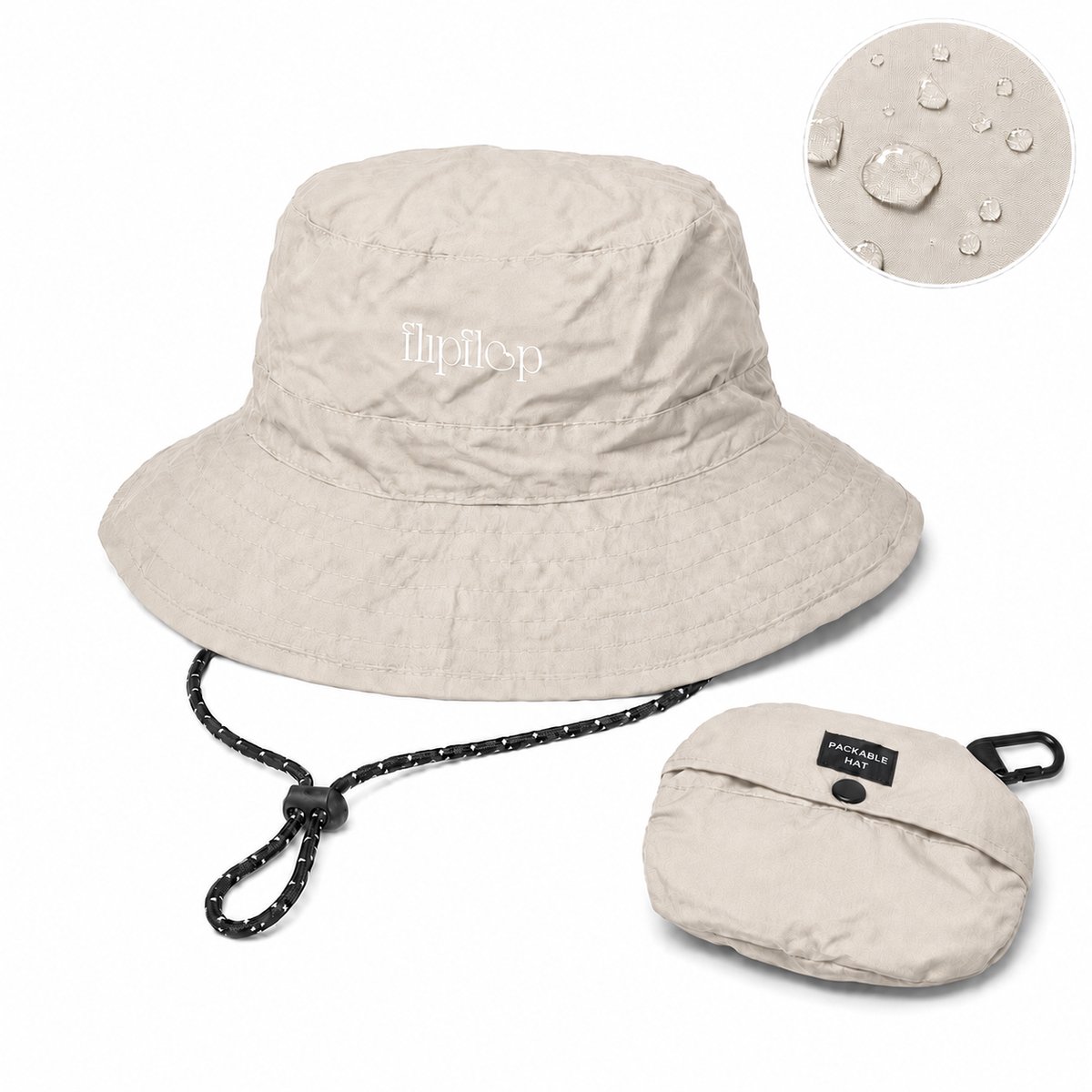 Flipflop Club® Waterproof Bucket Hat | Beige | Waterdicht Vissershoedje Dames Heren | UV Bescherming | Zonnehoed Regenhoed | Opvouwbaar | Emmerhoed | Festival Strand Outdoor | Unisex