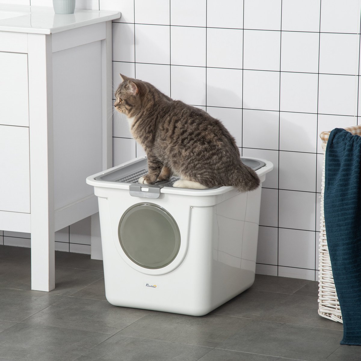 COVREO Gesloten kattenbak met deksel 44 x 55 x 39 cm wit grijs, met schep