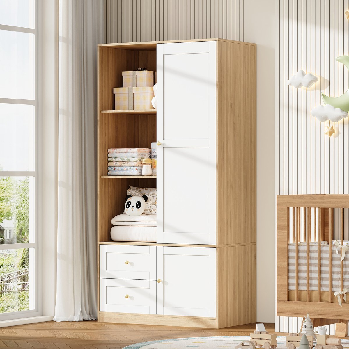 COVREO Kledingkast 90x50x180 cm, wit en houtlook, met schuifdeur en 2 lades Naturel en wit