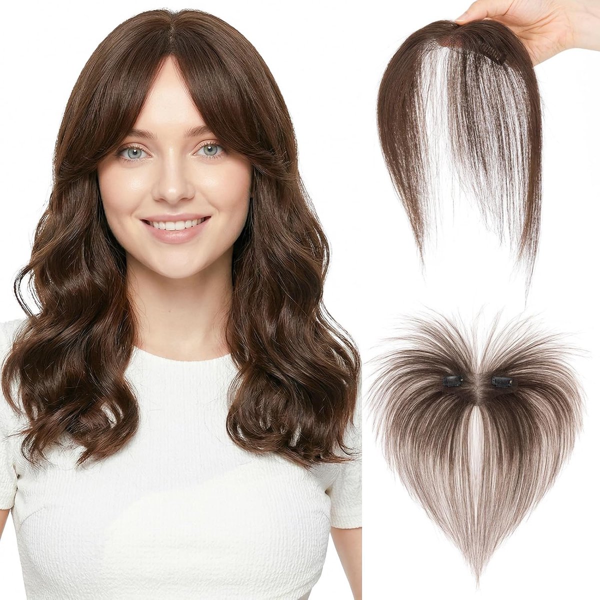 Clip in pony menselijk haar, 100% echte Remy zijpony, handgebonden gordijnpony voor onmiddellijke stijlupgrade en gezichtslijst, haarstukje voor vrouwen #2 donkerbruin