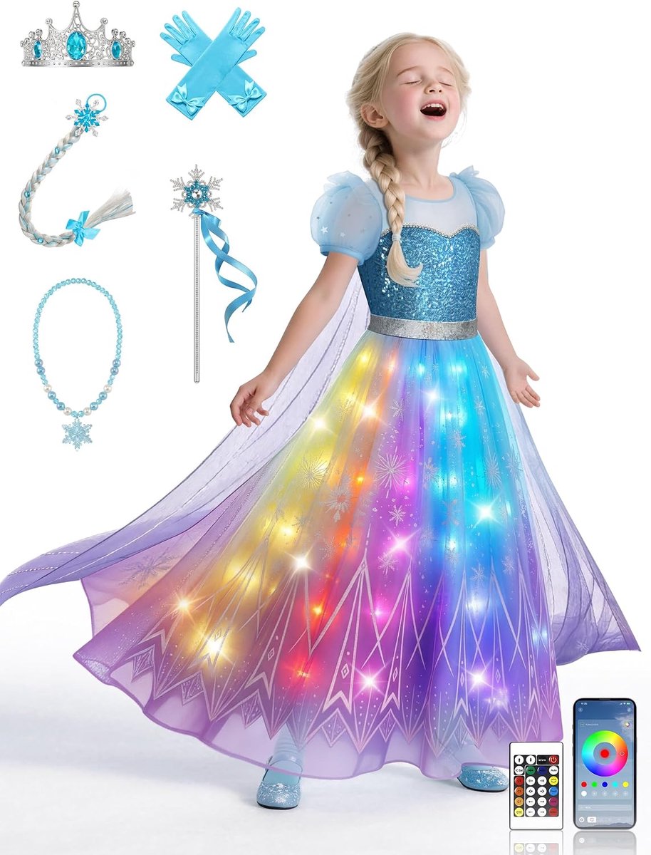 Kostuum voor meisjes, muzieksynchronisatie, prinsessenjurk kostuum, app-bediening, met 6 stuks accessoires voor Halloween, Kerstmis, carnaval