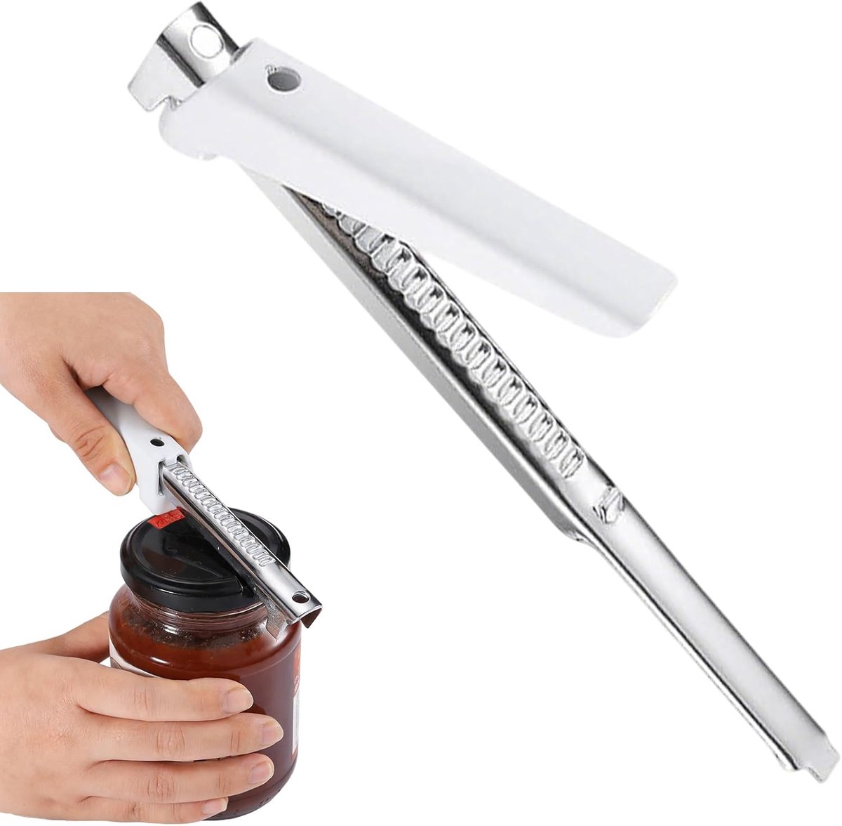 Dekselopener, glasopener, roestvrij staal, schroefdekselopener, verstelbaar, opener voor schroefglazen, ergonomische dekselopener voor schroefglazen voor zwakke handen of oudere mensen (wit)