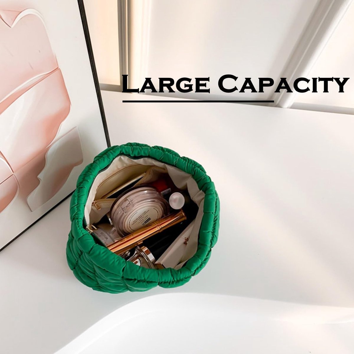 gewatteerde make-uptas, cosmetische tas, reistoilettas organizer tas, clutch voor vrouwen, roze, Gezwollen gewatteerde make-uptas (Groen)