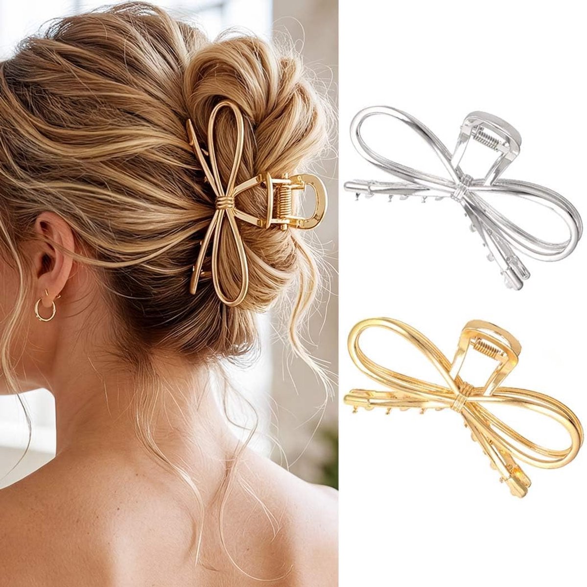 Haarspelden met strik, goudkleurig, middelgroot, metaal, chique haaraccessoires voor dames
