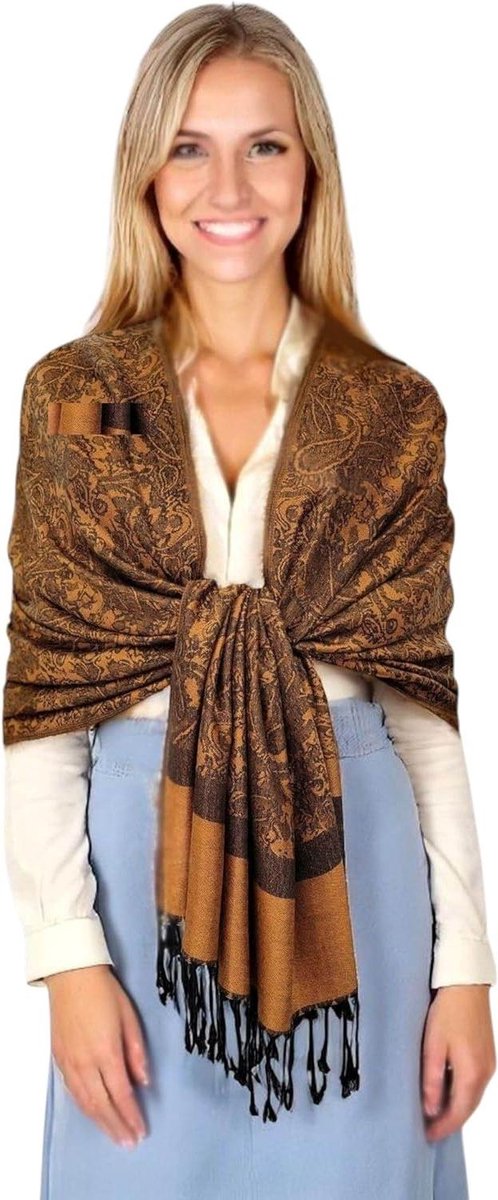 Pashmina Sjaal - Omslagdoek Stola - Stijlvol Accessorize - Paisley Bloemenpatroon - 180 x 70 cm - Koperbruin