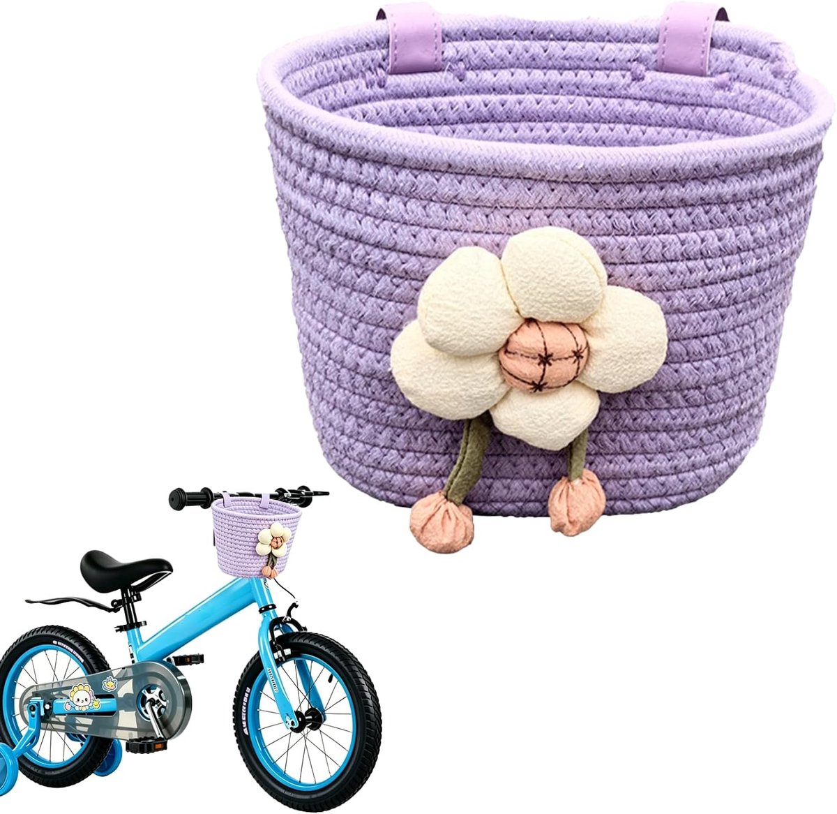 Fietsmand voor stuur, klein, gevlochten, voormand met bloemendecoratie, handgeweven fietsmand voor stuur, fietsaccessoires, mand voor sleutels, mobiele telefoon
