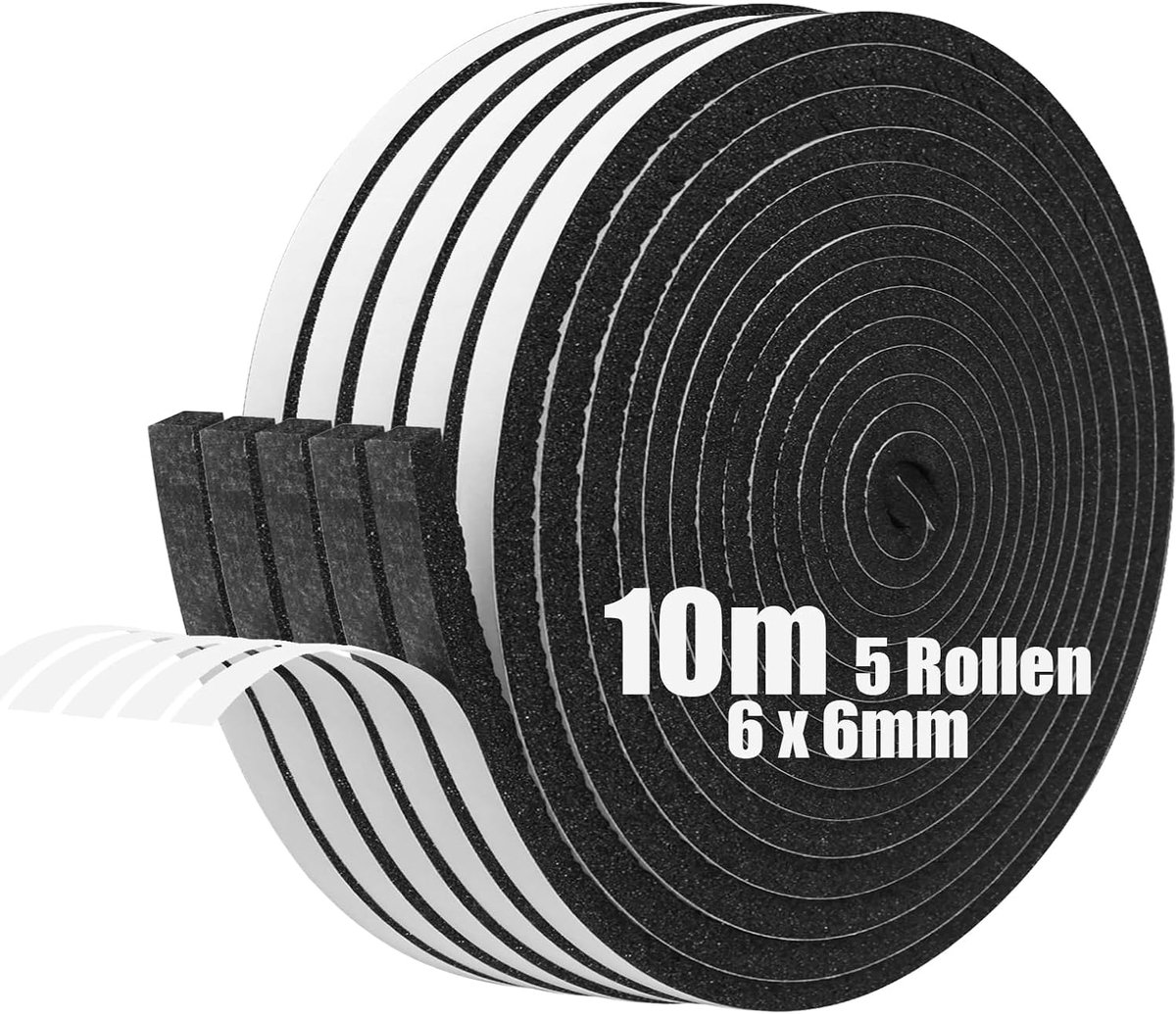 SnelShoppen - Foam Tape 6mm x 10m - Zelfklevende Foamstrip - Weerbestendige Deurrubber - Geluiddempende Isolatie - Anti-bots Strip voor Deuren en Rame
