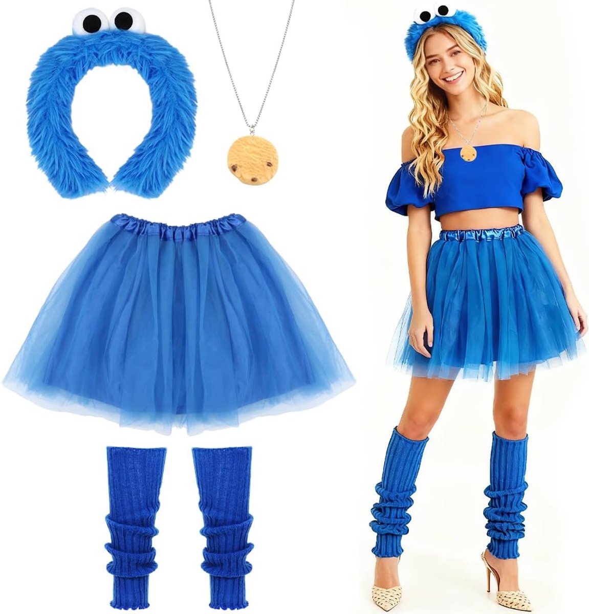 Kruimelmonsterkostuum voor dames, koekjesmonsterkostuum met blauwe tule rok, kruimelmonster, haarband, halsketting, manchetten, cookie chocoladebons, accessoire voor carnaval, Halloween
