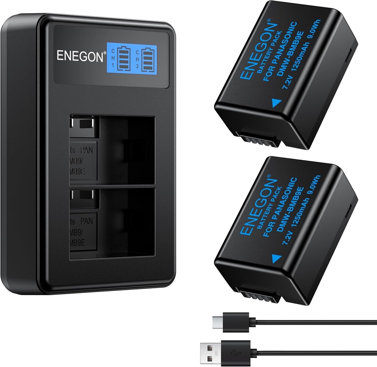 2 Stuks 1250mAh DMW-BMB9 DMW-BMB9E Dual Charger Batterij met USB-C Kabel en LCD Display voor Panasonic Lumix Camera's zoals DMC-FZ45, FZ48, FZ62, FZ72, FZ80, FZ82, FZ100 en FZ150, Ideaal voor Fotografie en Videografie