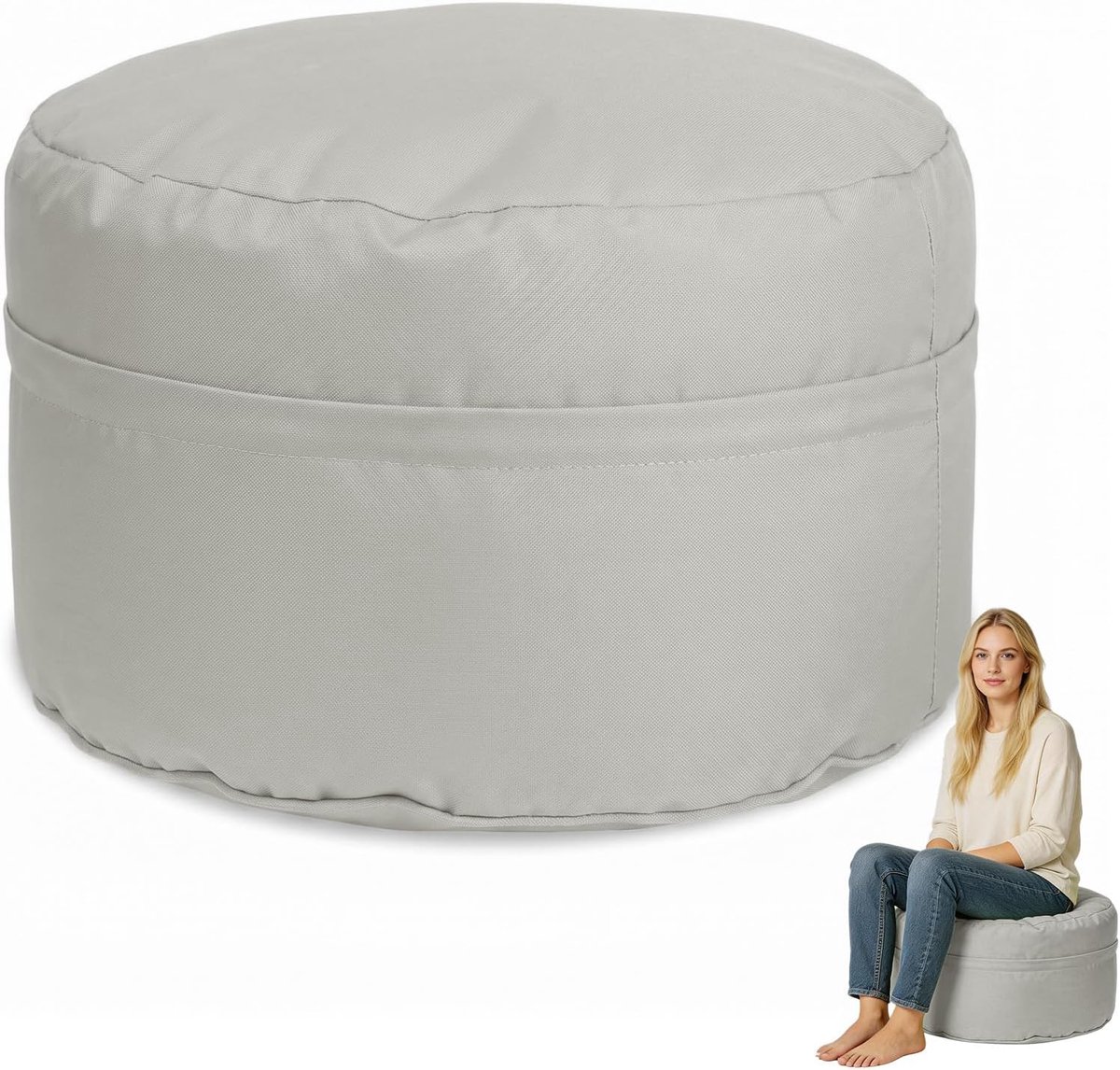 Zitzakhoes, rond, 45 x 30 cm, poefhoes zonder vulling, opbergzak om te vullen met kleding, dekens of kussens, voetenbank, vloerkussen voor binnen en buiten, polyester, lichtgrijs