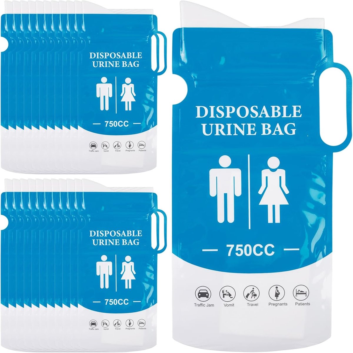 24 stuks wegwerp-urinezakjes 750 ml: urinezakjes voor onderweg met handvat, noodtoilet zakjes, noodtoiletten voor de auto, draagbare urinezakjes voor kamperen, wandelen, reizen, files