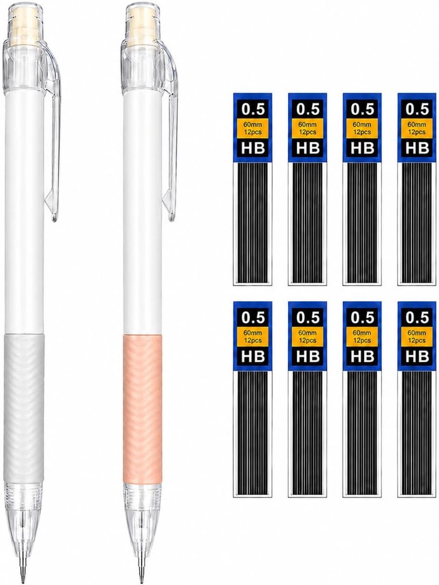 Set van 2 mechanische potloden, 0,5 mm, inclusief 6 HB-vullingen, geschikt voor schetsen, tekenen, schrijven en voor huiswerk (wit en roze)