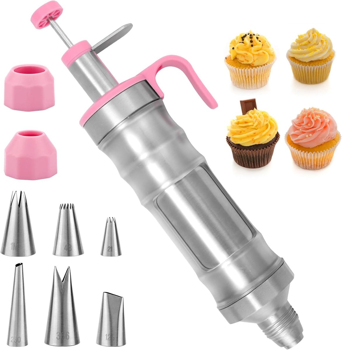Spuitbussen voor Dessertdecoratie, Inclusief 1 Glazuurspuitpistool 6 Spuitmondjes en 2 Converters Roestvrijstalen Taartdecoratieset Herbruikbare Spuitmondjes voor Glazuur