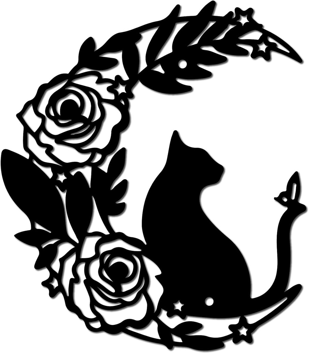 Kat metalen muurkunst decor ijzeren muurkunst zwarte maan holle kat roos sculptuur opknoping silhouet decor rustiek teken voor minnaar binnen buiten woonkamer huis 17 x 7 inch