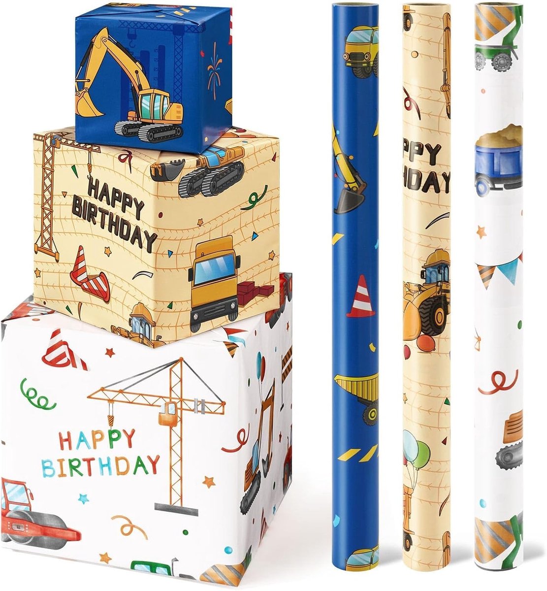 Cadeaupapierrollen – 3 rollen 43,2 x 304,8 cm, verjaardagscadeaupapierrollen kinderen jongens cadeaupapierrollen vrachtwagen cadeaupapier blauw geel wit cadeaupapier met snijlijnen