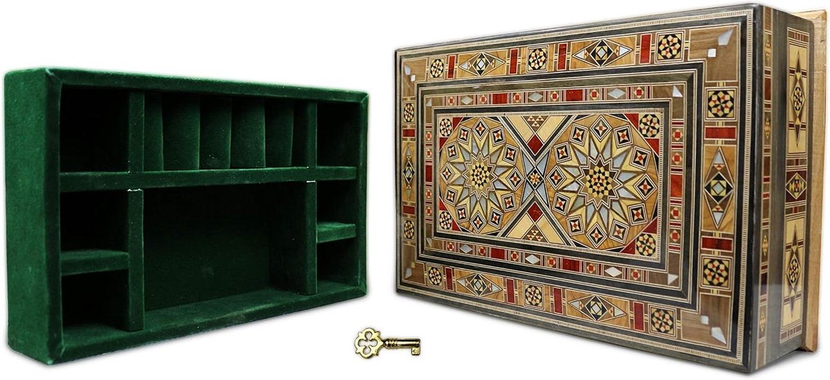 Houten sieradendoos - Mozaïek kistje - Sieraden opbergen - Handgemaakt met parelmoer - 30 x 20.5 cm - Houtkleuren