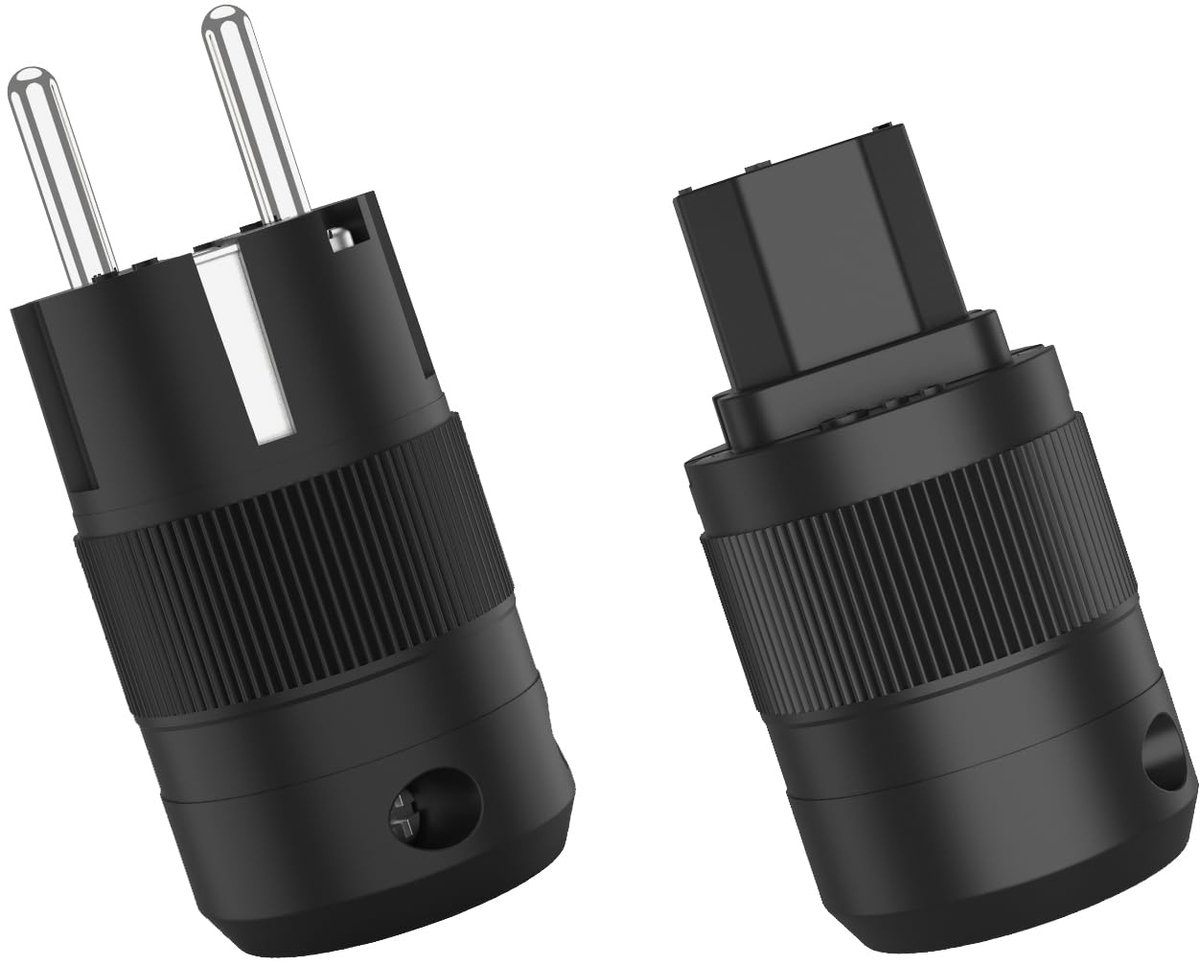 1 paar messing gerhodineerd high-end geaarde stekkers + koudapparaatstekers voor subwoofer, versterker, DV/AV (gerhodineerd, PE)