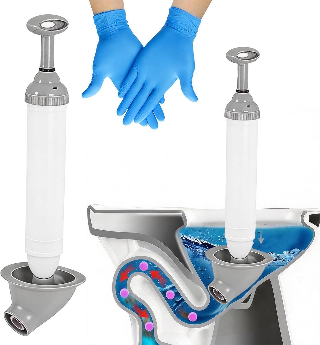 Toiletzuiger, zuigkap met nitril handschoenen, afvoerreiniger met perslucht, afvoerreiniger met druk, toilet, voor badkamer, badkuipen en toiletten (wit)