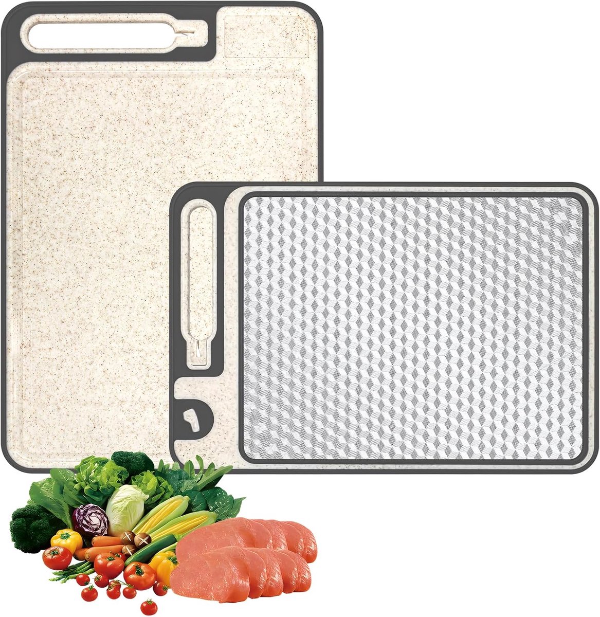 2-in-1 dubbelzijdige snijplank, roestvrij staal, 304 en natuurlijke vezels, 37 x 25 cm, multifunctionele keukensnijplank, antislip, met sapgoot en maalbereik, voor groenten, vlees, fruit
