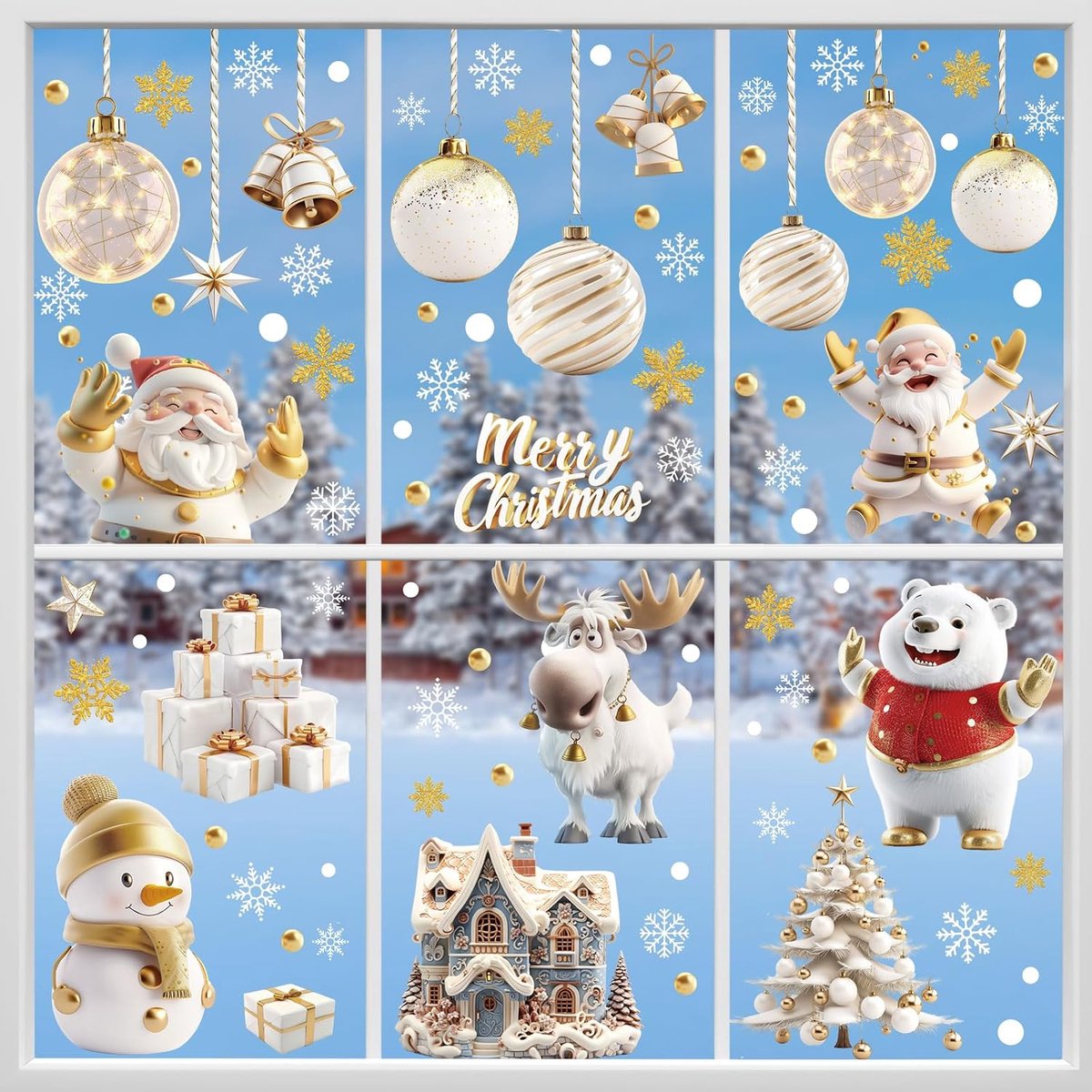 Raamstickers, 9 vellen platina-stijl kerstraamdecoraties met kerstman, sneeuwpop, kasteel, herten, kerstboom, bel, beer, kerstbal voor vakantieprijs