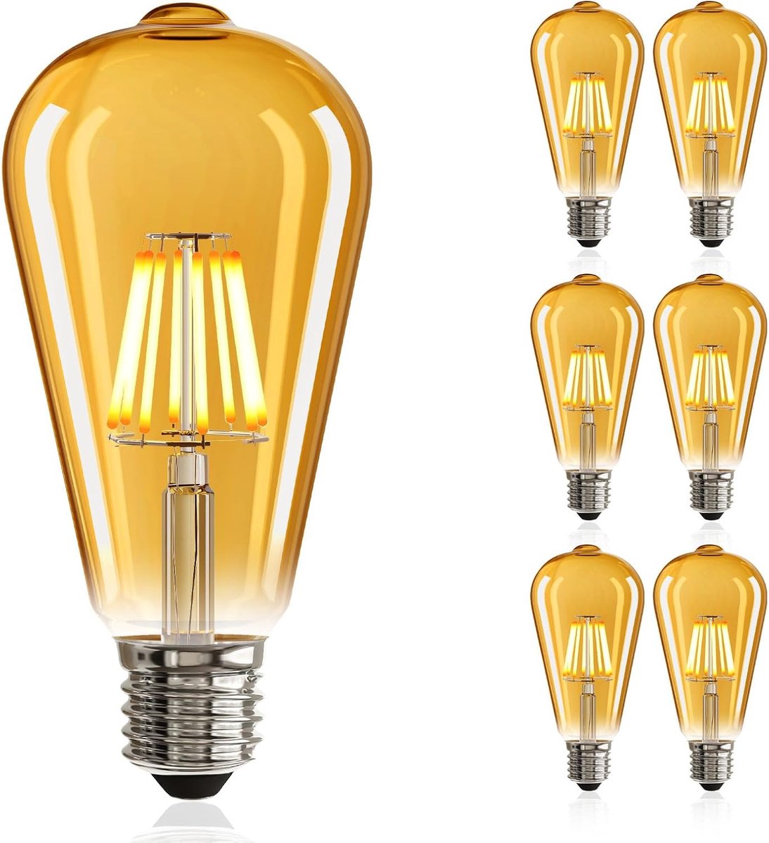 Edison LED-lamp E27, 6 x 8 W, vintage lamp, dimbaar, amberglas, 1000 lumen, 2700 K, ideaal voor decoratie