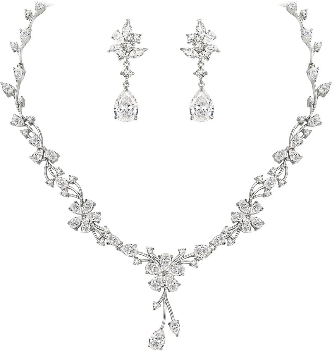 FAITH Bruidssieraad voor de bruid, adembenemende witte kubische zirkonia, teardrop cluster, bloem, bruiloft, halsketting, oorbellen set voor dames