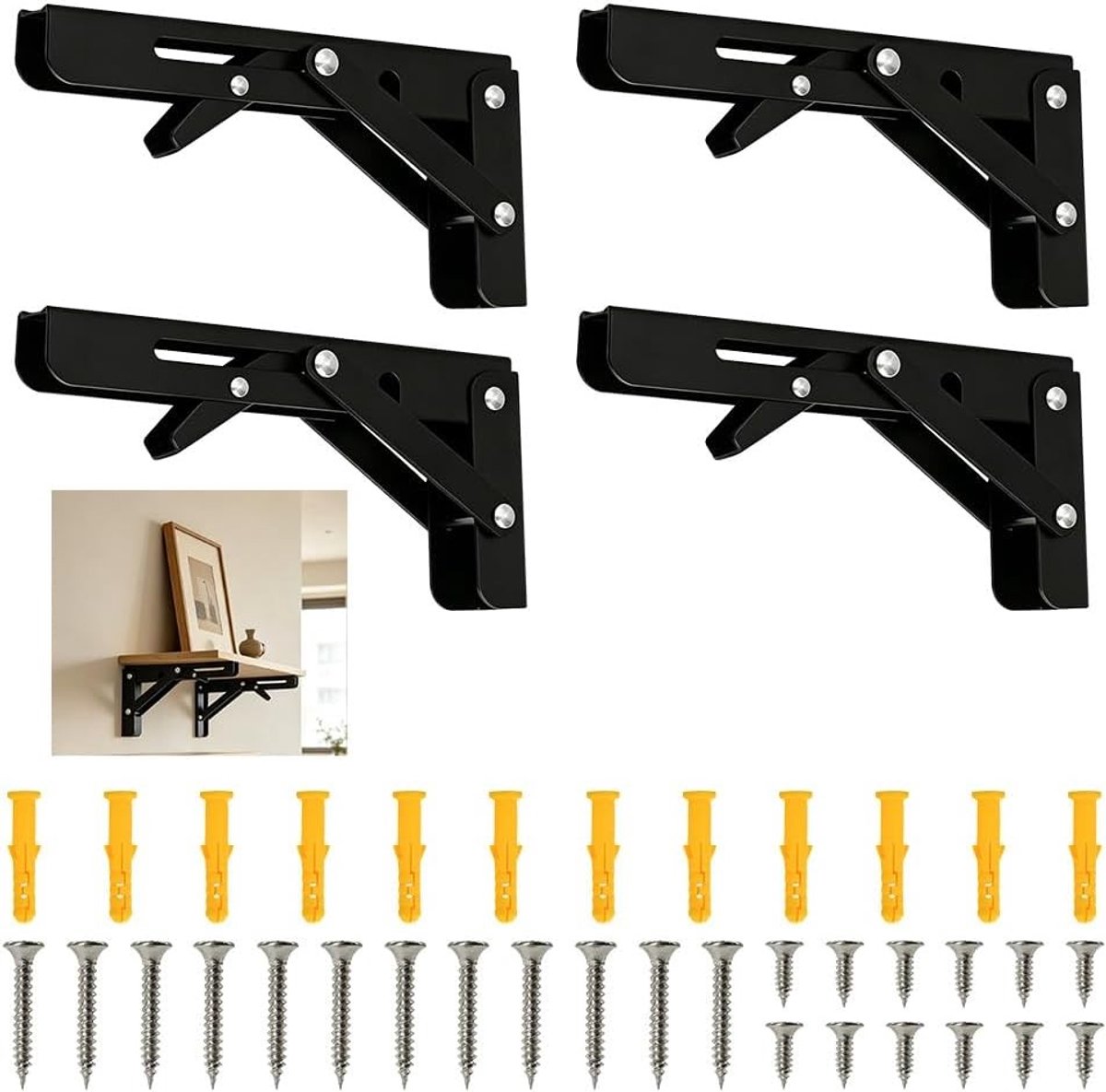 Inklapbare Plankdragers 15 cm - 4 Stuks voor Thuis en Garage, Hoge Draagkracht, Muurbevestiging, Zwart, Ideaal voor Opbergruimte en Organisatie
