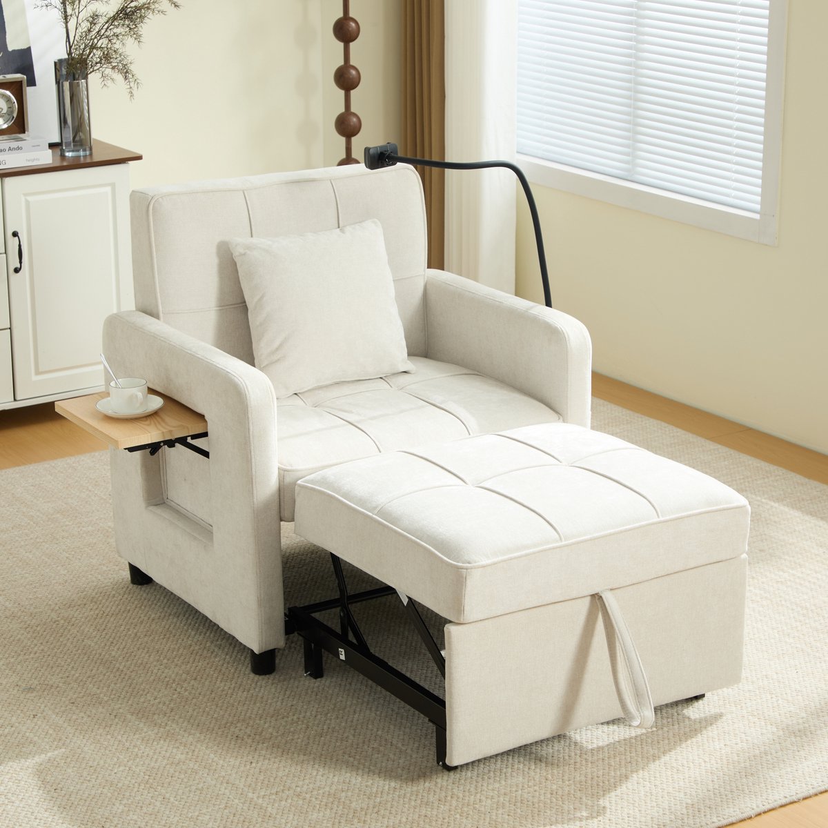 MODENUIT Relaxfauteuil 167 x 79 x 83 cm - 5-Standen Rugleuning Met Zijvakken En Tafelblad - Chenille Beige