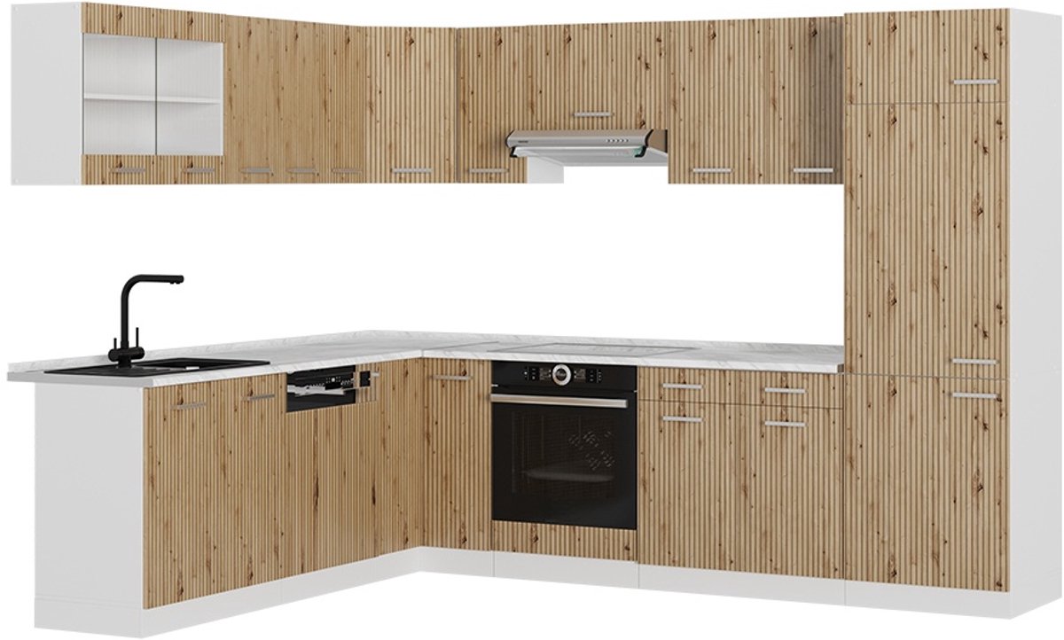 Vicco Hoekkeuken R-Line, Artisanaal eiken/Wit, 287 x 227 cm, WB Marmer