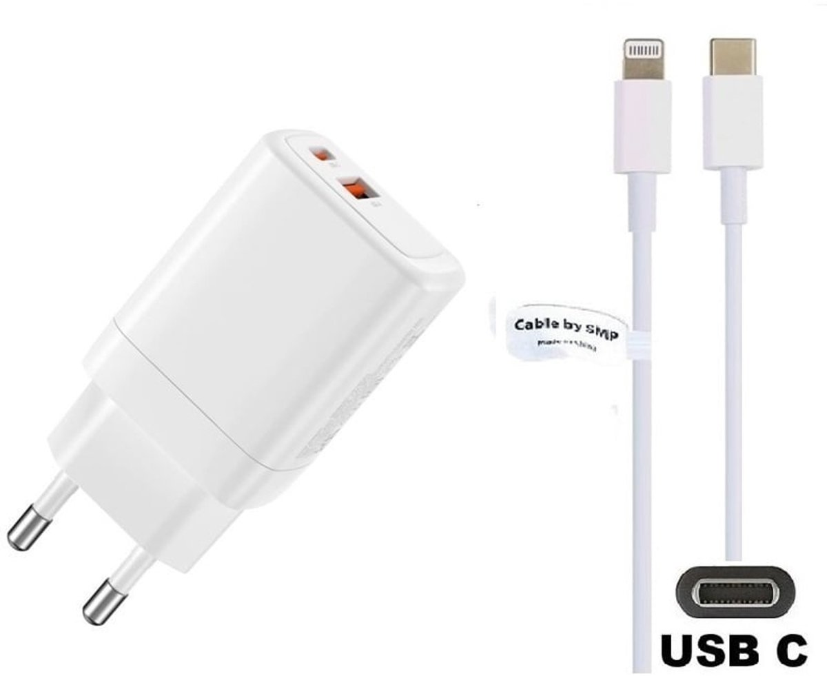 45W super snellader met 2 poorten en screenprotector + 1,2m USB C naar Lightning kabel. PD lader. Universele oplader adapter. Glazen screenprotector past op Apple iPhone 13 Pro Max & iPhone 14 Plus