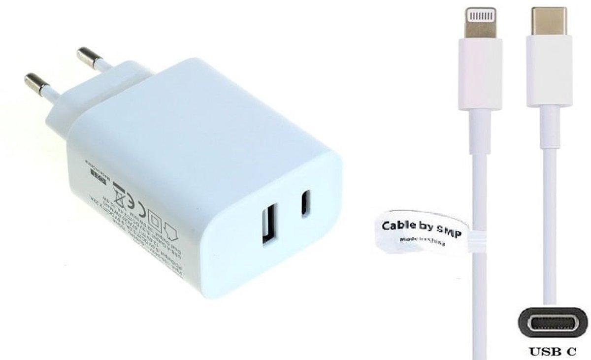 20W snellader met 2 poorten en screenprotector + 1,2m USB C naar Lightning kabel. 20W lader. Universele oplader adapter. Glazen screenprotector past op Apple iPhone 13 Pro Max & iPhone 14 Plus