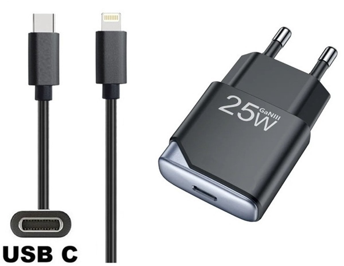 OneOne 25W super snellader en screenprotector van glas voor iPhone 13 Pro Max en iPhone 14 Plus + 1,0m sterke USB C naar Lightning kabel. GaN lader. PD PPS oplader adapter. Glazen screenprotector past op Apple iPhone 13 Pro Max & iPhone 14 Plus