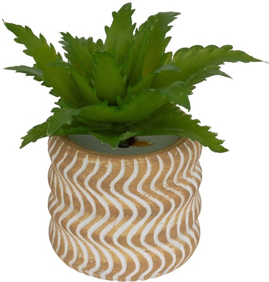 Groene kunstplant in een ronde pot met een goud-wit golvend patroon.