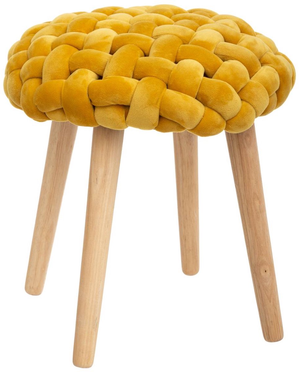 ATMOSPHERA Kruk met houten poot en mosterdfluweel gebreide zitting