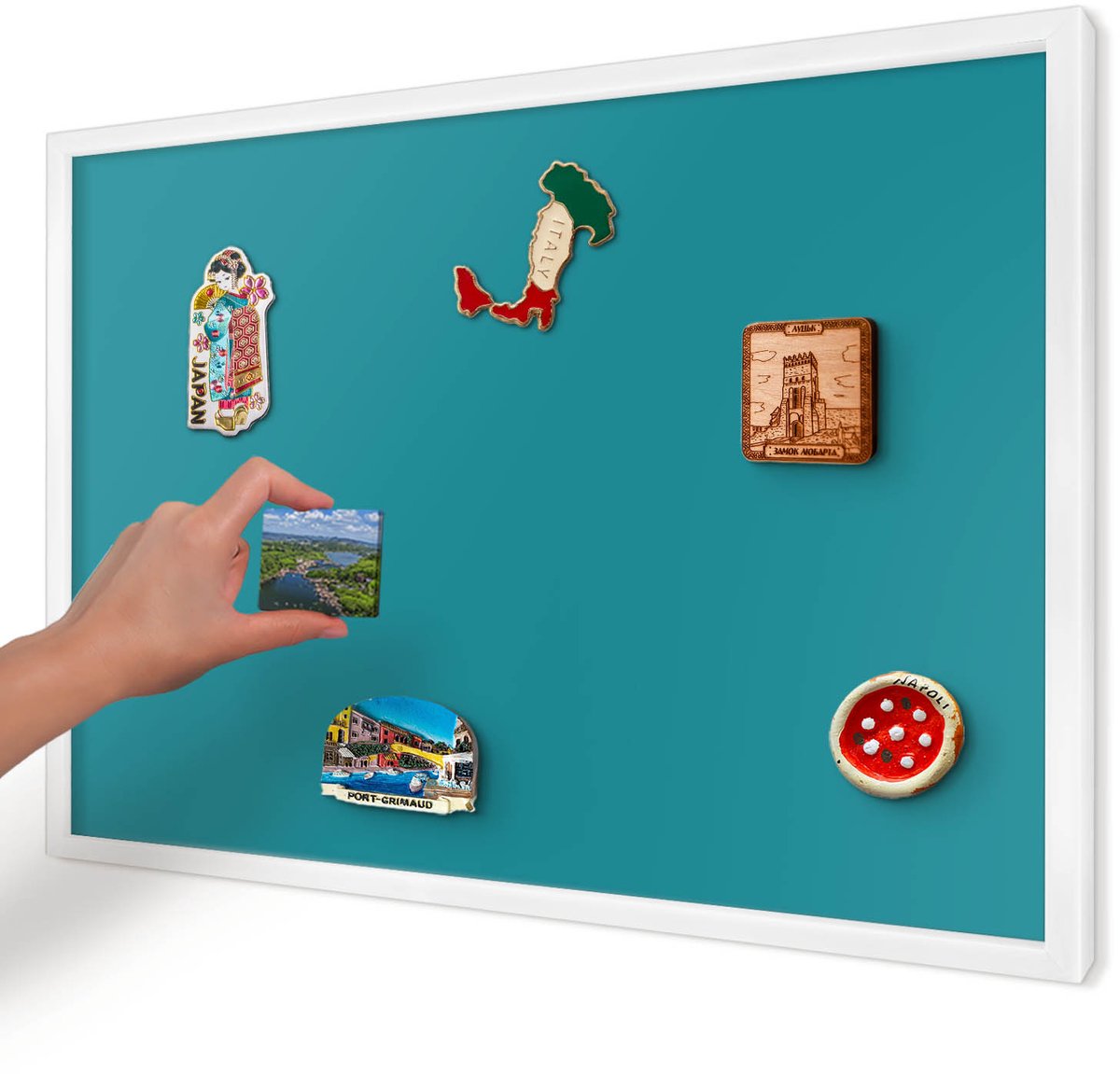 Artprintcave Turkoois Magneetbord mit Witte Lijst - 60x40 cm - Koel Turkoois Wandbord Magnetisch - Minimalist Magnetische Organizer - Achtergronden En Patronen