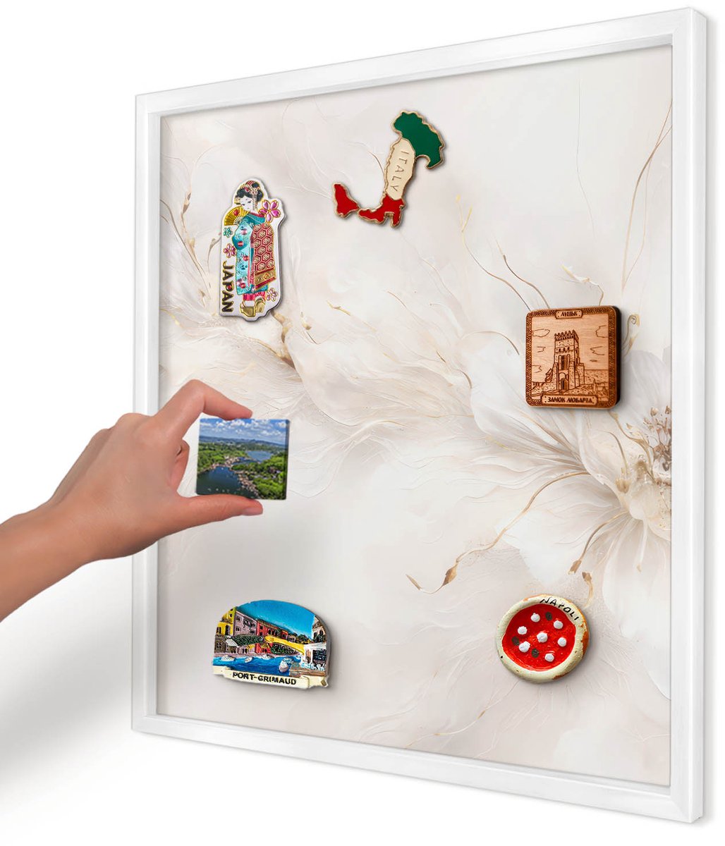 Artprintcave Romig Magneetbord mit Witte Lijst - 50x50 cm - Bloemige Elegantie Magnetisch Bord - Schilderachtig Memobord Keuken - Bloemen En Planten