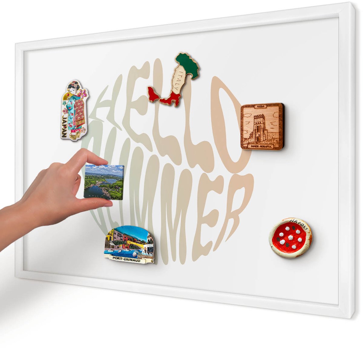 Artprintcave Wit Magneetbord mit Witte Lijst - 60x40 cm - Hallo Zomer Notitiebord - Typografisch Memobord Keuken - Texturen