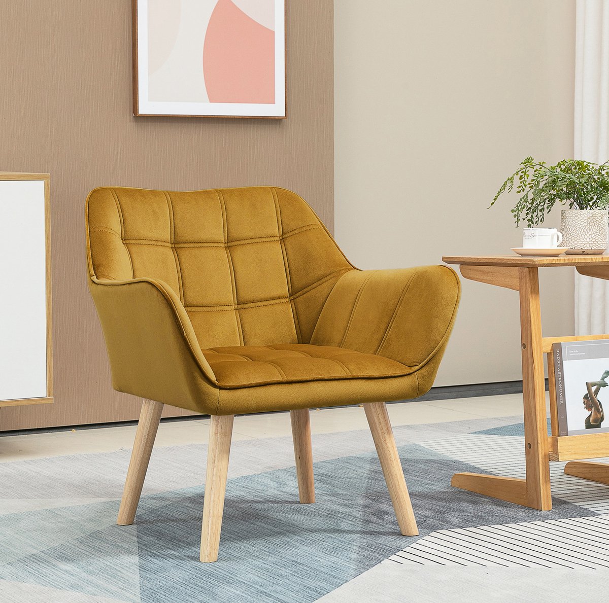 COVREO Fauteuil 67 x 61,5 x 71 cm geel, velvet met armleuningen en hoge poten