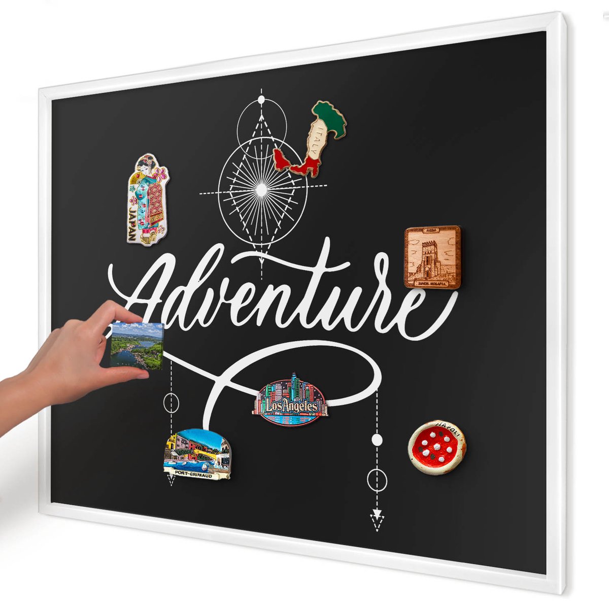 Artprintcave Zwart Magneetbord mit Witte Lijst - 80x60 cm - Reisinspiratie Memobord Keuken - Minimalist Magneet Bord mit Frame - Teksten