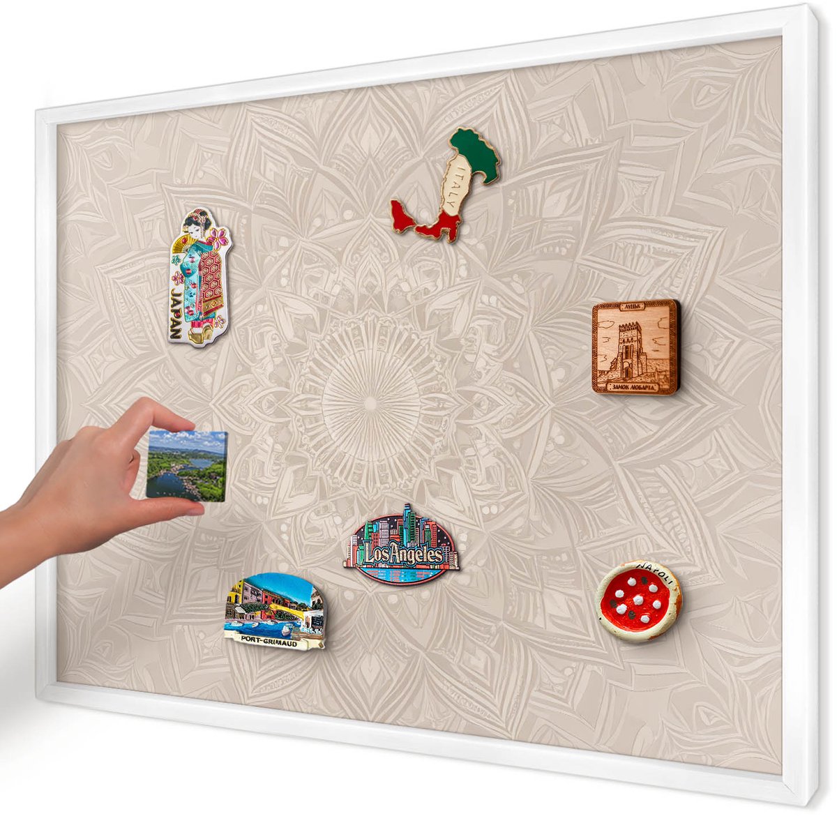 Artprintcave Beige Magneetbord mit Witte Lijst - 70x50 cm - Decoratieve Mandala Magneetbord Voor Keuken - Geometrische Magnetisch Bord Voor Magneten - Geometrie
