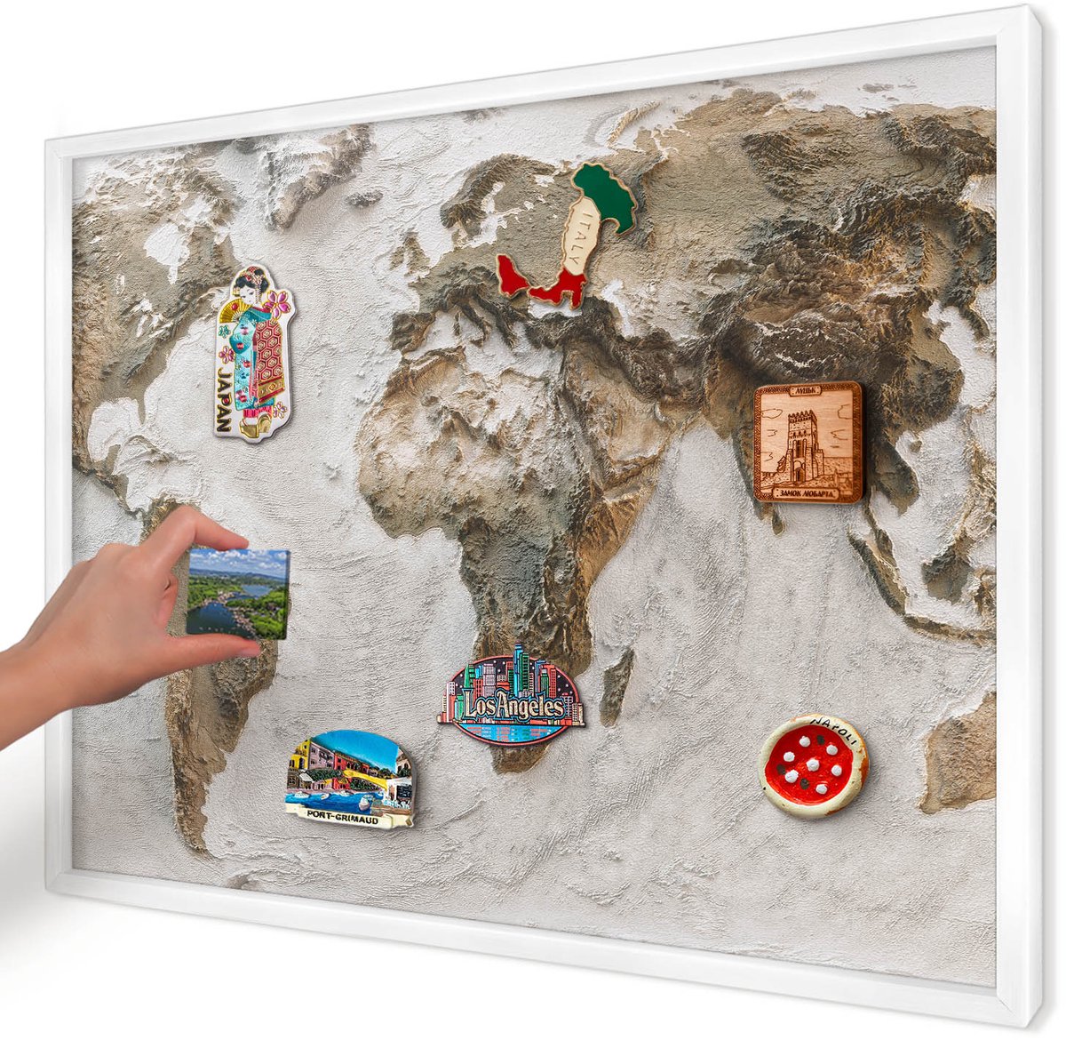 Artprintcave Beige Magneetbord mit Witte Lijst - 70x50 cm - Reliëfkaart Magnetisch Bord Voor Magneten - Realistisch Memobord Keuken - Kaarten
