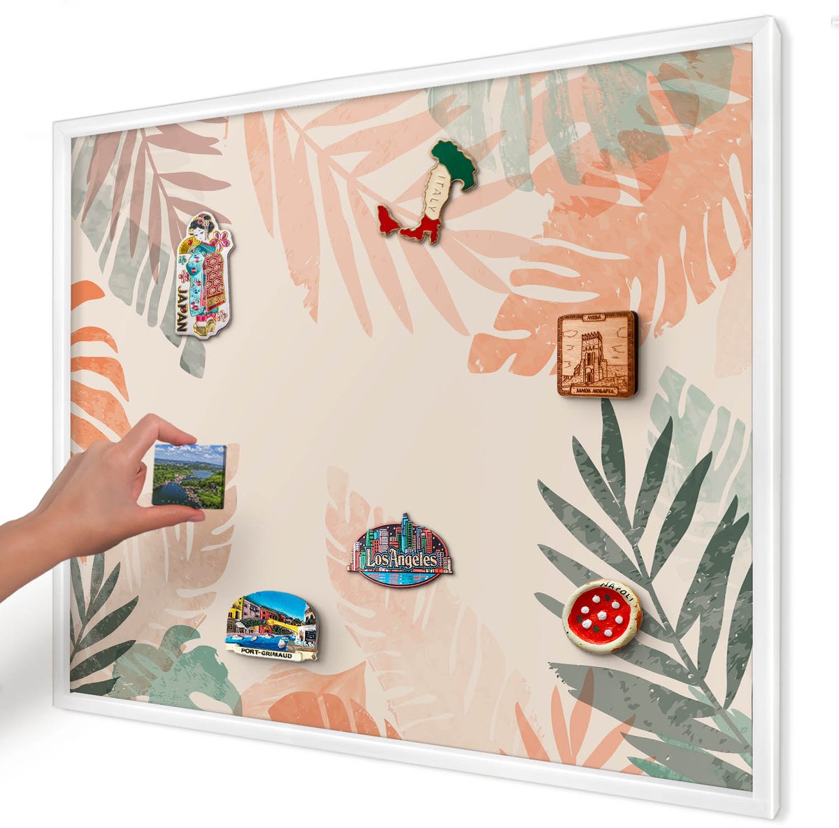 Artprintcave Beige Magneetbord mit Witte Lijst - 80x60 cm - Tropische Bladeren Magnetisch Bord - Modern Memobord Keuken - Bloemen En Planten