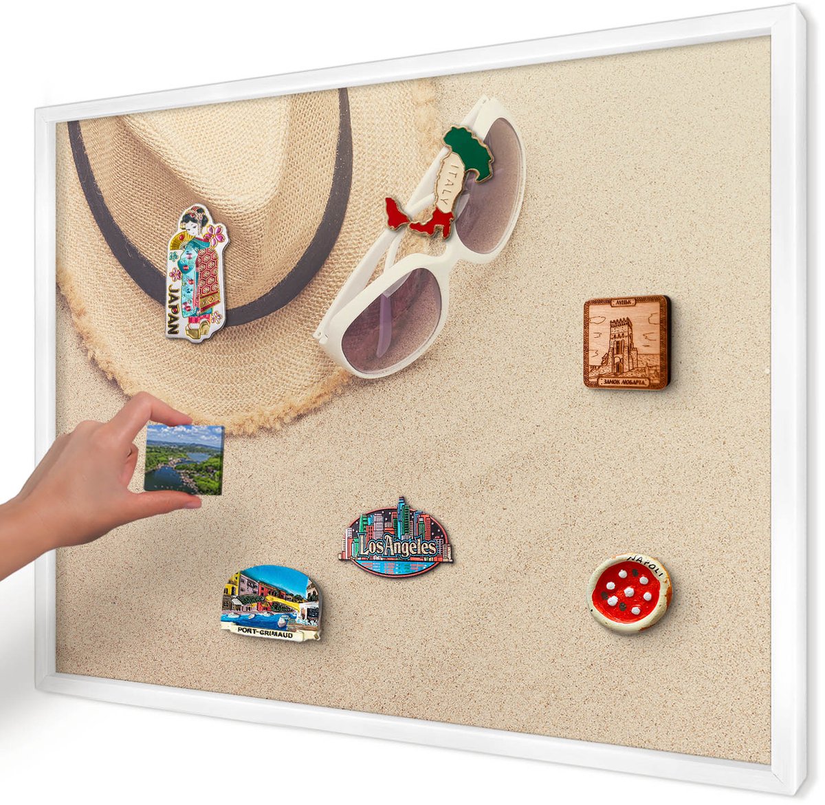 Artprintcave Beige Magneetbord mit Witte Lijst - 70x50 cm - Zomerstrand Magneetbord Voor Foto's - Fotografisch Wandbord Magnetisch - Reis