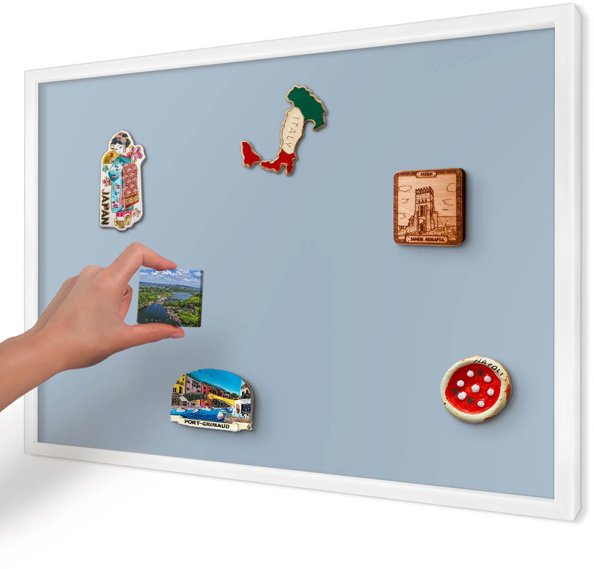 Artprintcave Blauw Magneetbord mit Witte Lijst - 60x40 cm - Pastelblauw Magnetische Organizer - Minimalist Magneetbord Voor Foto's - Achtergronden En Patronen